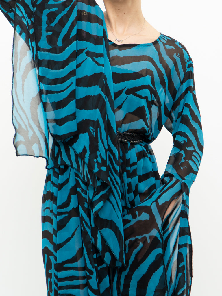 Modern x Teal, Black Flowy Semi-sheer Zebra Dress (S,M)