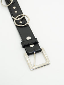 Vintage x Black, Silver Hoop Leather Belt (L, XL)