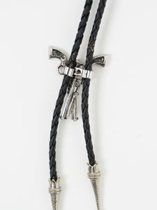 Vintage x Black Leather Silver Gun-Detailed Bolo