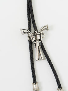 Vintage x Black Leather Silver Gun-Detailed Bolo