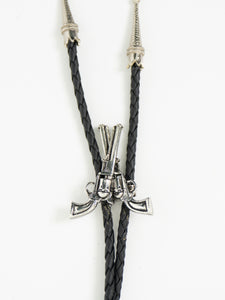 Vintage x Black Leather Silver Gun-Detailed Bolo