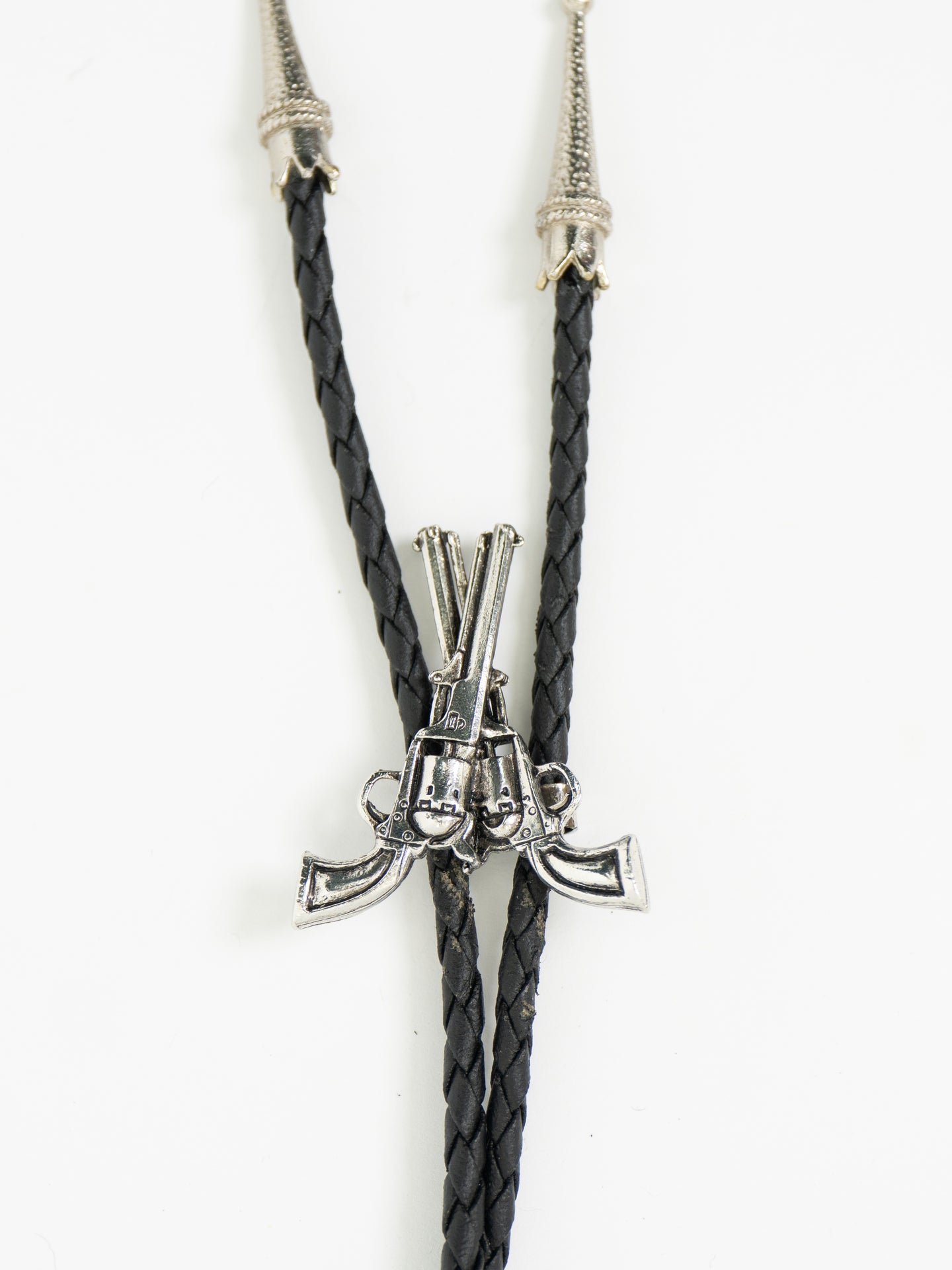 Vintage x Black Leather Silver Gun-Detailed Bolo