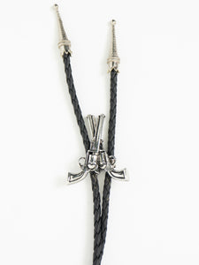 Vintage x Black Leather Silver Gun-Detailed Bolo