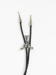 Vintage x Black Leather Silver Gun-Detailed Bolo