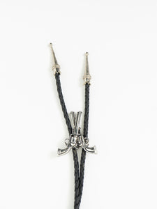 Vintage x Black Leather Silver Gun-Detailed Bolo