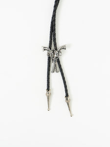 Vintage x Black Leather Silver Gun-Detailed Bolo