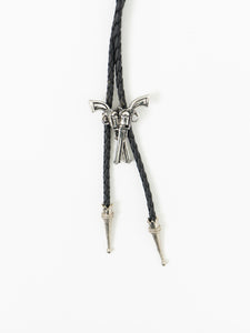 Vintage x Black Leather Silver Gun-Detailed Bolo