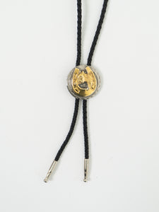 Vintage x Black Leather, Silver & Gold Horseshoe Bolo