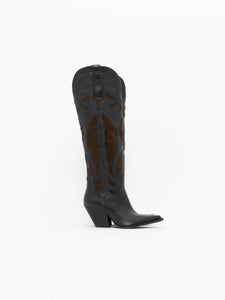 ZARA x Brown, Black Tall Leather Cowboy Boot (6.5)