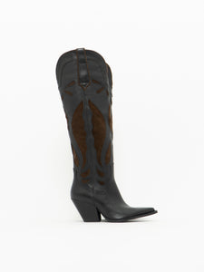 ZARA x Brown, Black Tall Leather Cowboy Boot (6.5)