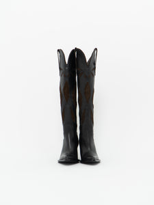 ZARA x Brown, Black Tall Leather Cowboy Boot (6.5)