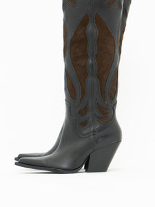 ZARA x Brown, Black Tall Leather Cowboy Boot (6.5)