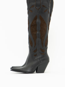 ZARA x Brown, Black Tall Leather Cowboy Boot (6.5)