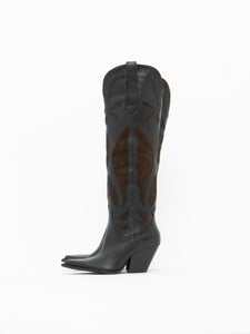 ZARA x Brown, Black Tall Leather Cowboy Boot (6.5)