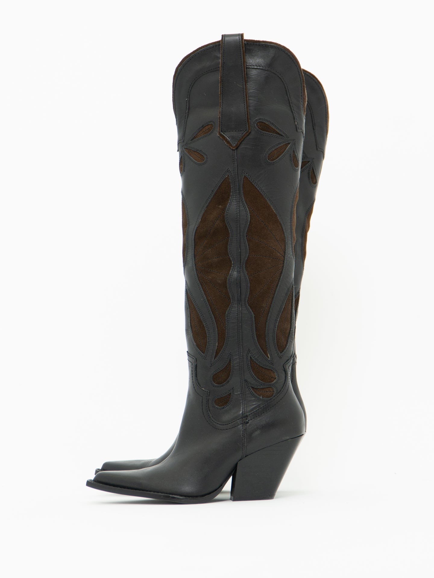 ZARA x Brown, Black Tall Leather Cowboy Boot (6.5)