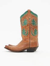 Load image into Gallery viewer, Vintage x OLD WEST Tan &amp; Green Leather Cowboy Boots (7-8W)