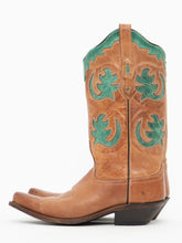 Load image into Gallery viewer, Vintage x OLD WEST Tan &amp; Green Leather Cowboy Boots (7-8W)