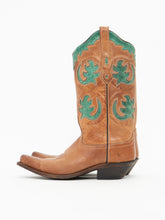 Load image into Gallery viewer, Vintage x OLD WEST Tan &amp; Green Leather Cowboy Boots (7-8W)