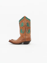 Load image into Gallery viewer, Vintage x OLD WEST Tan &amp; Green Leather Cowboy Boots (7-8W)