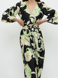 ZARA x Black & Green Floral Satin Dress (XS, S)