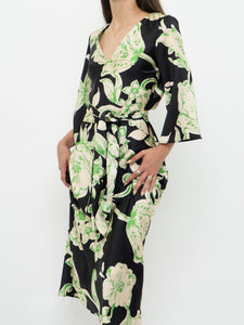 ZARA x Black & Green Floral Satin Dress (XS, S)