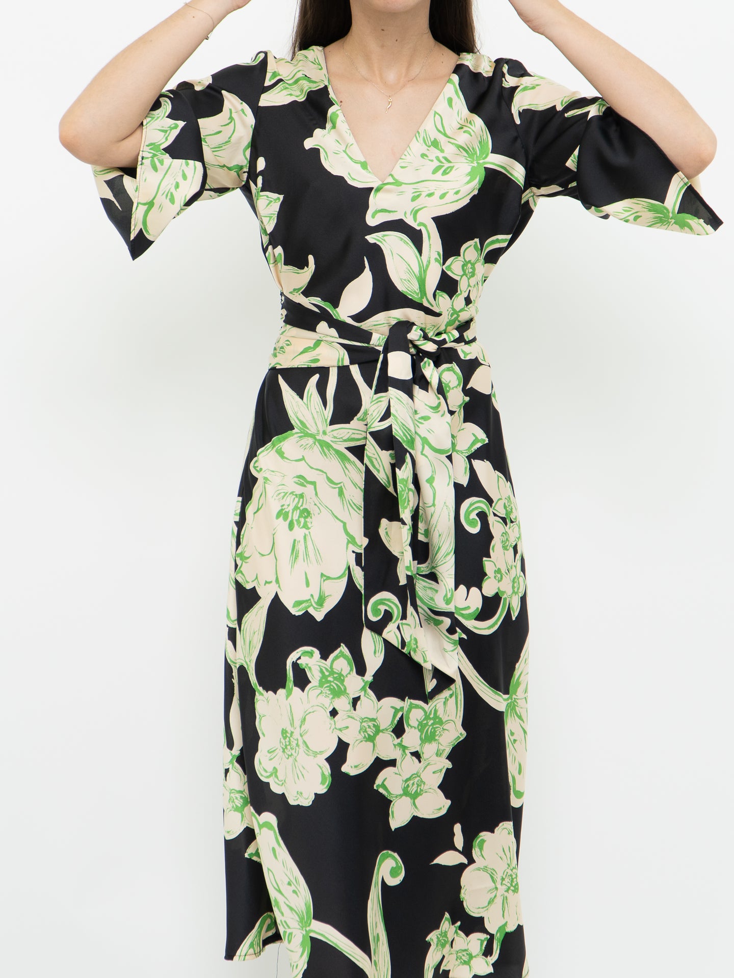 ZARA x Black & Green Floral Satin Dress (XS, S)