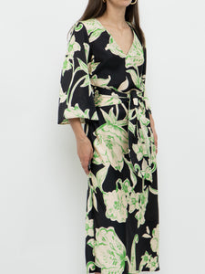 ZARA x Black & Green Floral Satin Dress (XS, S)