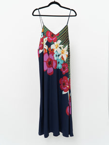 NATORI x Floral Navy Silk-Feel Dress (L, XL)