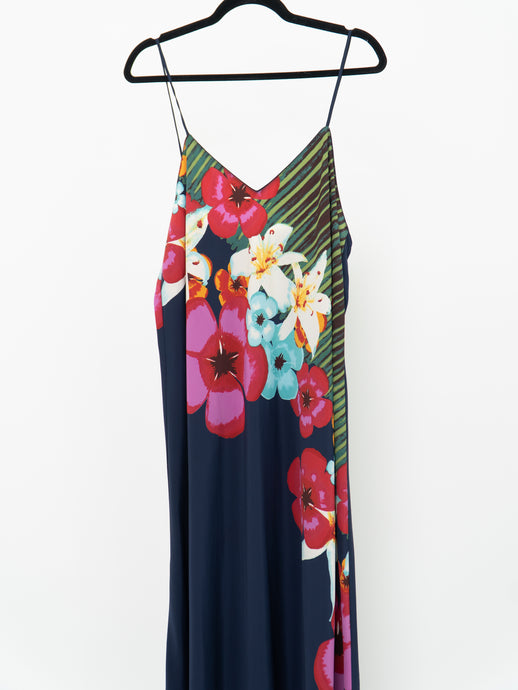 NATORI x Floral Navy Silk-Feel Dress (L, XL)