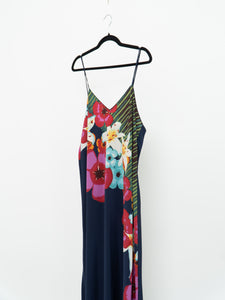 NATORI x Floral Navy Silk-Feel Dress (L, XL)