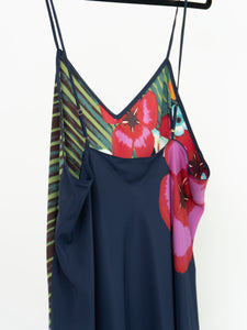 NATORI x Floral Navy Silk-Feel Dress (L, XL)