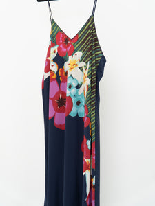 NATORI x Floral Navy Silk-Feel Dress (L, XL)