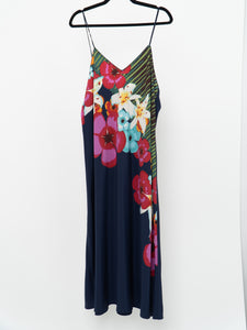 NATORI x Floral Navy Silk-Feel Dress (L, XL)