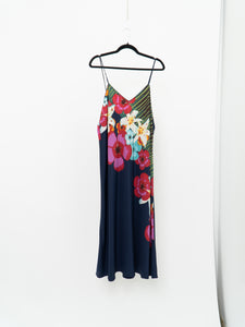 NATORI x Floral Navy Silk-Feel Dress (L, XL)