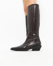 Load image into Gallery viewer, ZARA x Deadstock Burgundy Faux Croc High Boots (7, 7.5)