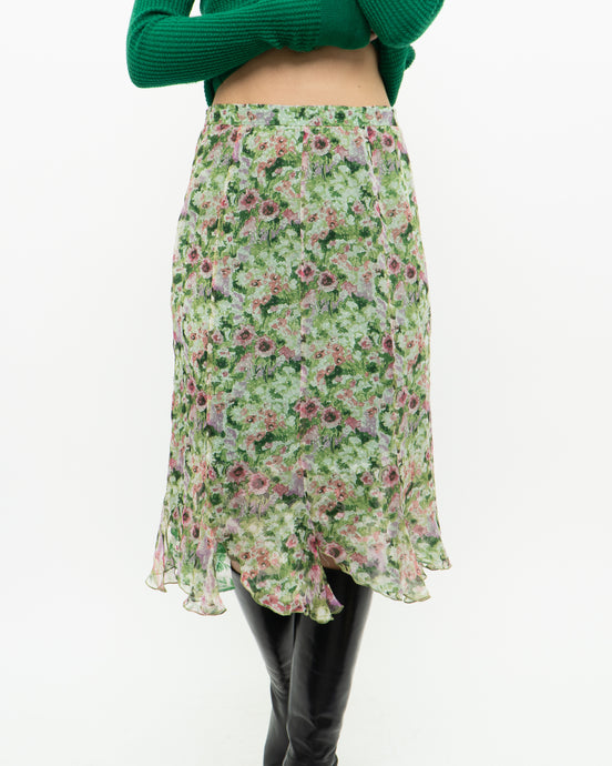 GIORGIO GRATI x Made in Italy x Green Floral Pure Silk Skirt (XS)