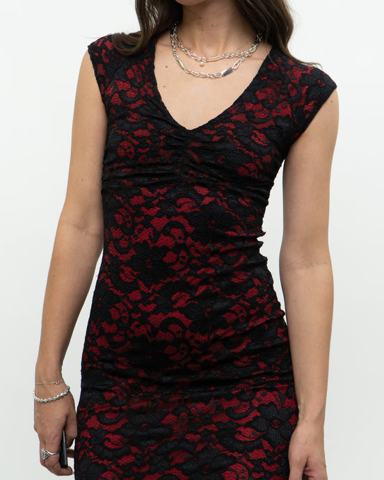 Vintage x Black, Red Lace Bodycon Dress (XS)