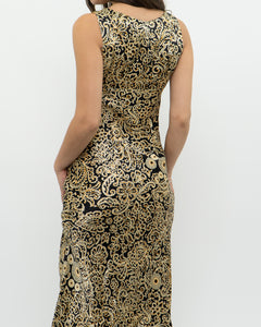 Vintage x Black, Gold Silk-Feel Patterned Dress (XS, S)