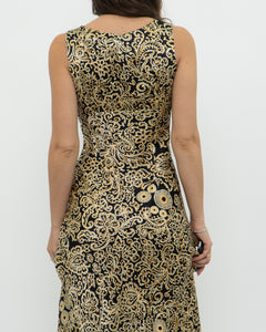 Vintage x Black, Gold Silk-Feel Patterned Dress (XS, S)