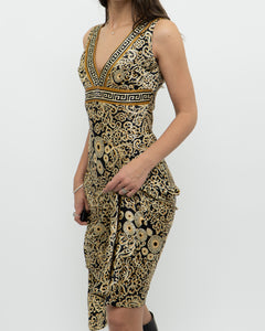 Vintage x Black, Gold Silk-Feel Patterned Dress (XS, S)