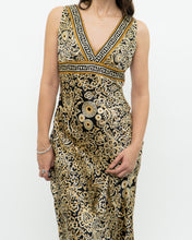 Load image into Gallery viewer, Vintage x Black, Gold Silk-Feel Patterned Dress (XS, S)