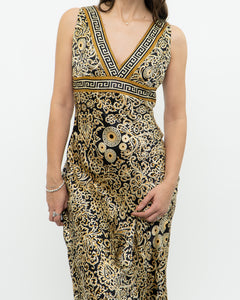 Vintage x Black, Gold Silk-Feel Patterned Dress (XS, S)