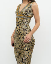 Load image into Gallery viewer, Vintage x Black, Gold Silk-Feel Patterned Dress (XS, S)