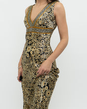 Load image into Gallery viewer, Vintage x Black, Gold Silk-Feel Patterned Dress (XS, S)