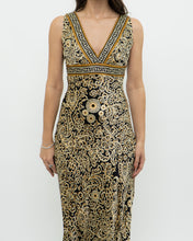 Load image into Gallery viewer, Vintage x Black, Gold Silk-Feel Patterned Dress (XS, S)