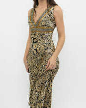 Load image into Gallery viewer, Vintage x Black, Gold Silk-Feel Patterned Dress (XS, S)