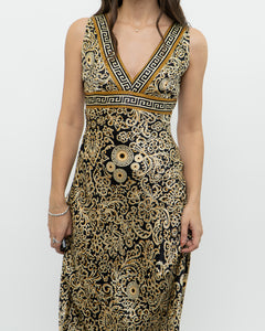 Vintage x Black, Gold Silk-Feel Patterned Dress (XS, S)