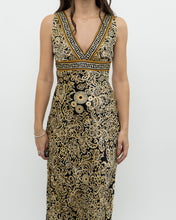 Load image into Gallery viewer, Vintage x Black, Gold Silk-Feel Patterned Dress (XS, S)