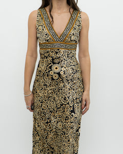 Vintage x Black, Gold Silk-Feel Patterned Dress (XS, S)