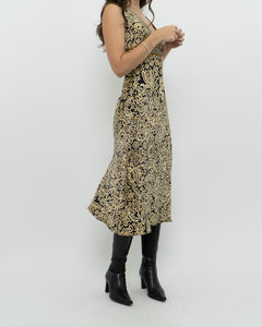 Vintage x Black, Gold Silk-Feel Patterned Dress (XS, S)